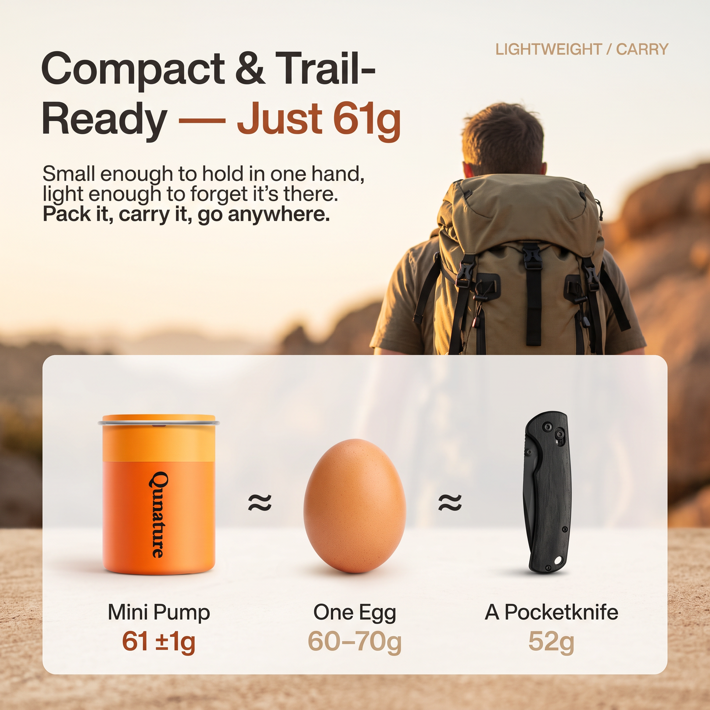 The pump weighs 61 g, about the same as one egg or a folding pocketknife, shown behind a hiker on a trail at sunset :: Orange