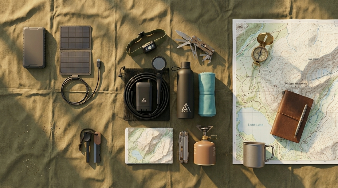 Flat-lay of South African camping gear including a portable shower, microfibre towel and insulated flask on a khaki canvas surface