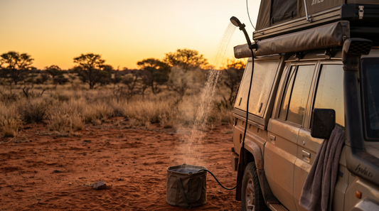 Overland shower hanging from a 4x4 roof tent awning at golden hour in the Kalahari, drawing water from a canvas bucket on red sand