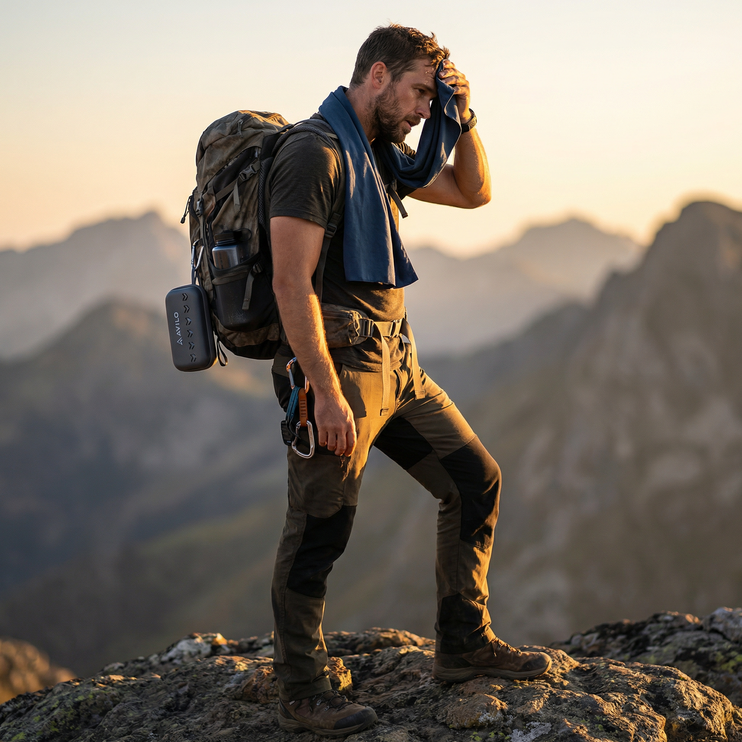 Hiker with backpack and Avilo towel standing on a mountain peak at sunset