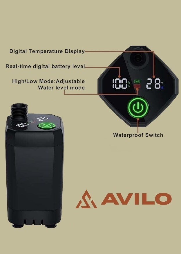 Black shower pump with digital display and control buttons on a beige background, featuring the brand 'AVILO'.