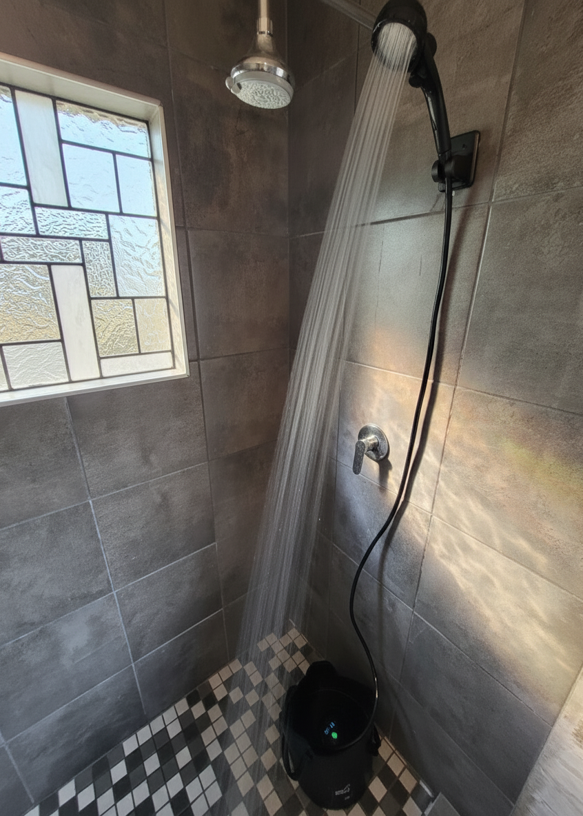 Portable Shower with water flowing in a tiled shower area with a window.