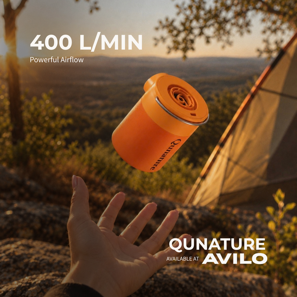 The orange pump tossed in the air beside a tent, with 400 litres a minute of airflow