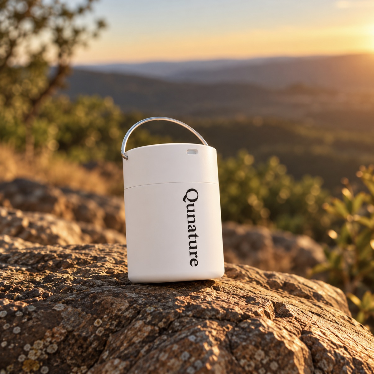 The white Qunature Atomic Pump on a rock at sunset :: White