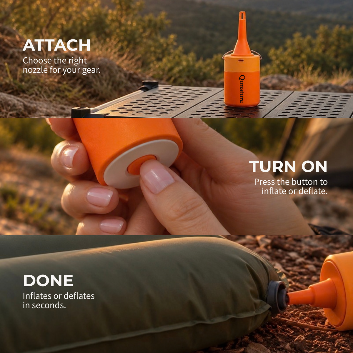 How it works: attach the right nozzle, press the button to inflate or deflate, and the sleeping pad is done