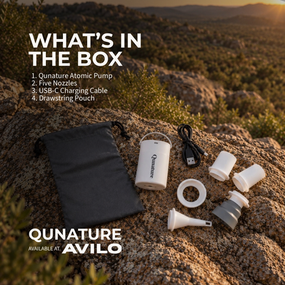 What's in the box: the Qunature Atomic Pump, five nozzles, a USB-C charging cable and a drawstring pouch