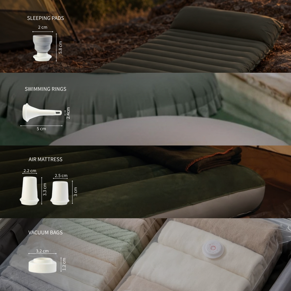 Which nozzle fits what: sleeping pads, swimming rings, air mattresses and vacuum bags, with each nozzle's size in centimetres