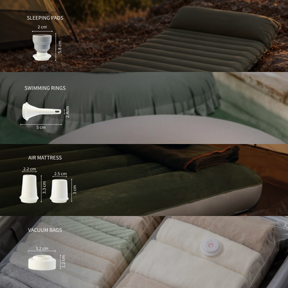 Which nozzle fits what: sleeping pads, swimming rings, air mattresses and vacuum bags, with each nozzle's size in centimetres