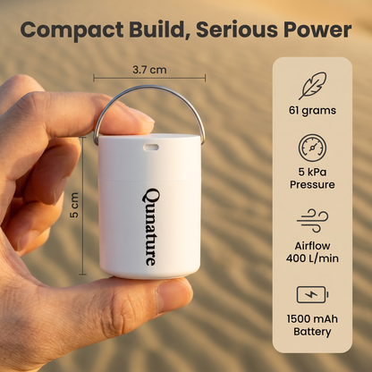 The white pump held in one hand, marked 3.7 cm across and 5 cm tall, beside its 61 g weight, 5 kPa pressure, 400 L per minute airflow and 1500 mAh battery :: White