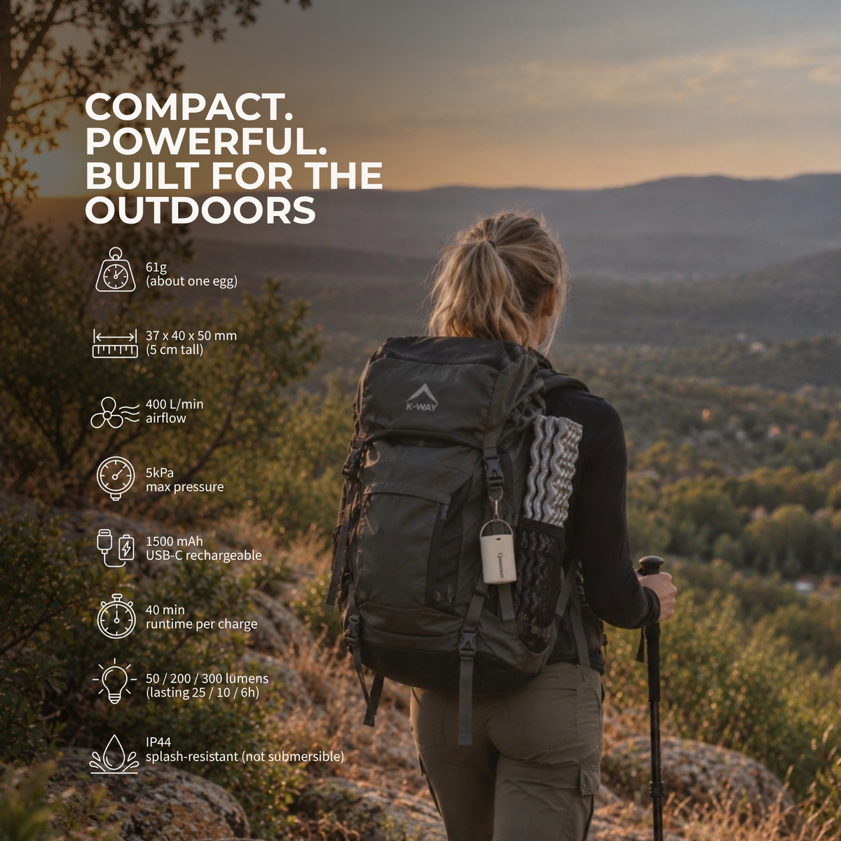 A hiker with the white pump clipped to her backpack, beside its specs: 61 g, 37 x 40 x 50 mm, 400 L/min airflow, 5 kPa pressure, 1500 mAh USB-C battery, 40 minutes per charge, 50, 200 or 300 lumens, and IP44 splash resistance