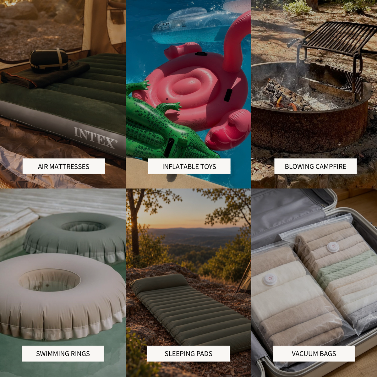 Six uses: air mattresses, inflatable toys, fanning a campfire, swimming rings, sleeping pads and vacuum bags