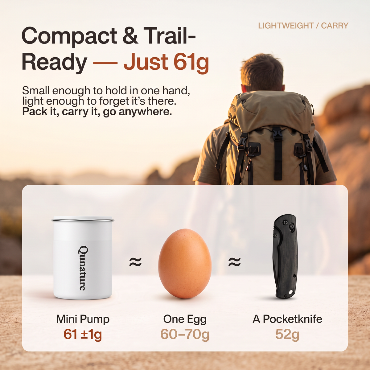 The white pump weighs 61 g, about the same as one egg or a folding pocketknife, shown behind a hiker on a trail at sunset :: White