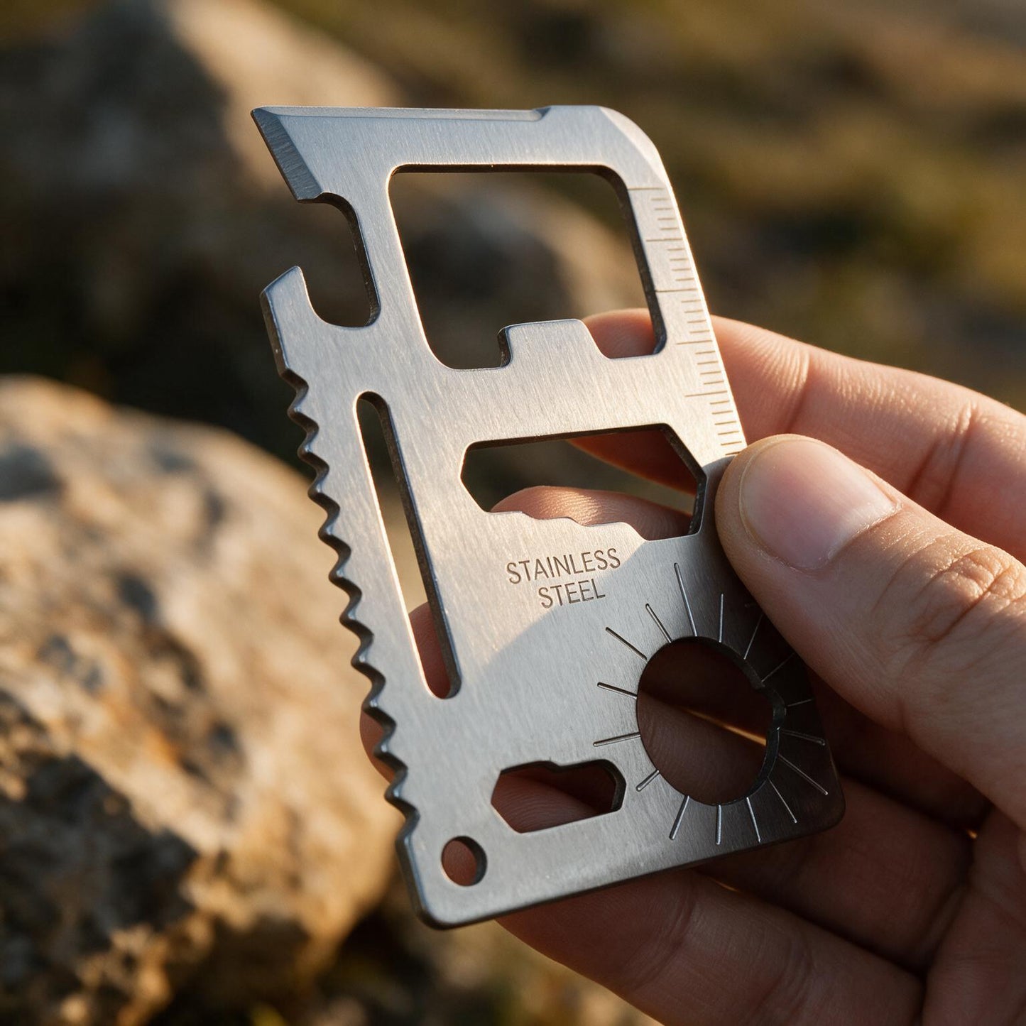 Card multi-tool held between finger and thumb in warm golden-hour light, showing its size