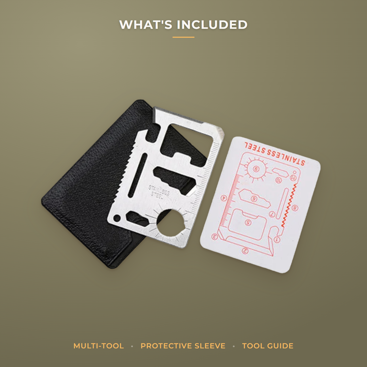 What's included: the stainless steel multi-tool, its black protective sleeve and a printed tool guide card