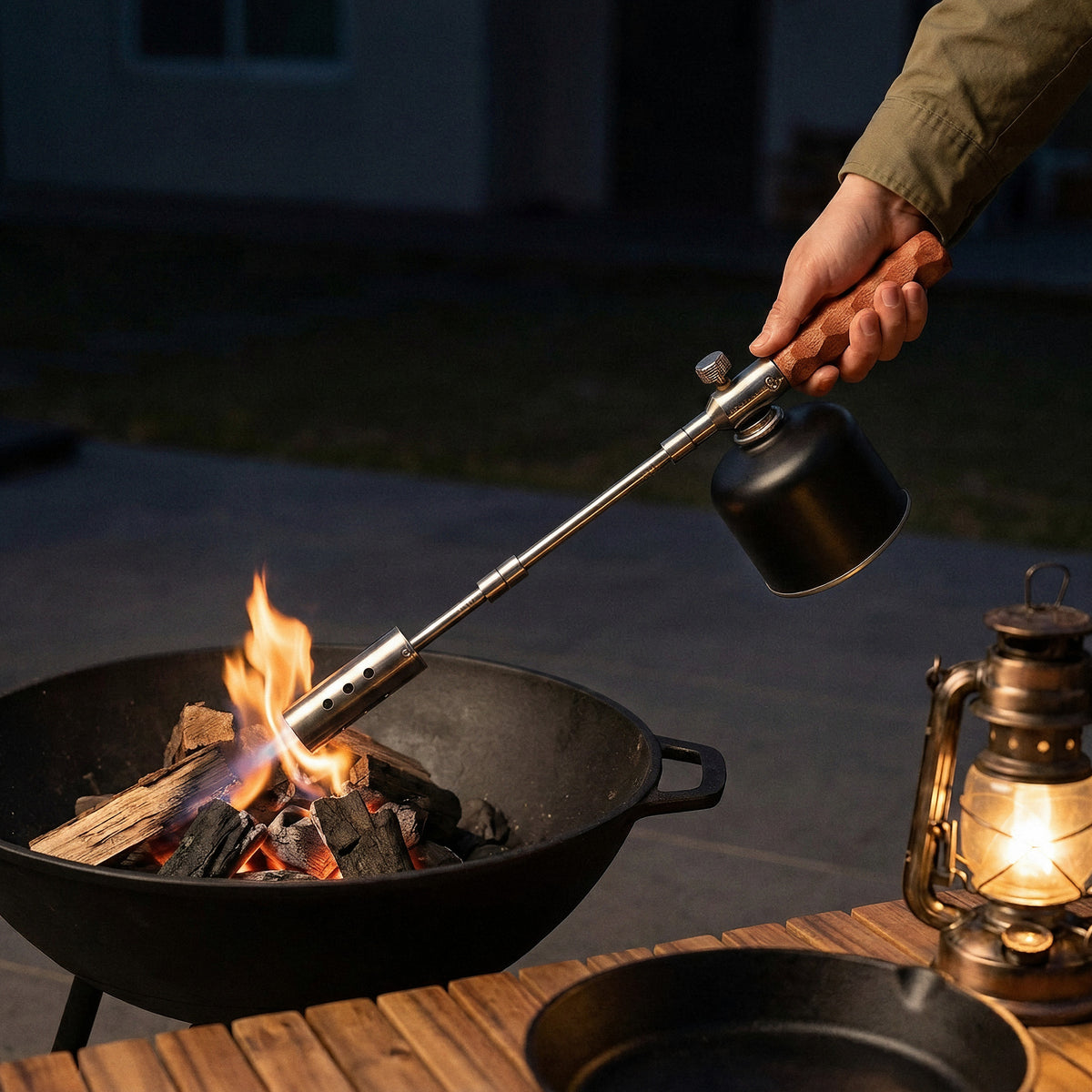 A hand holding the Flame Lance into a fire bowl of charcoal and wood on a patio at dusk, with a butane canister fitted