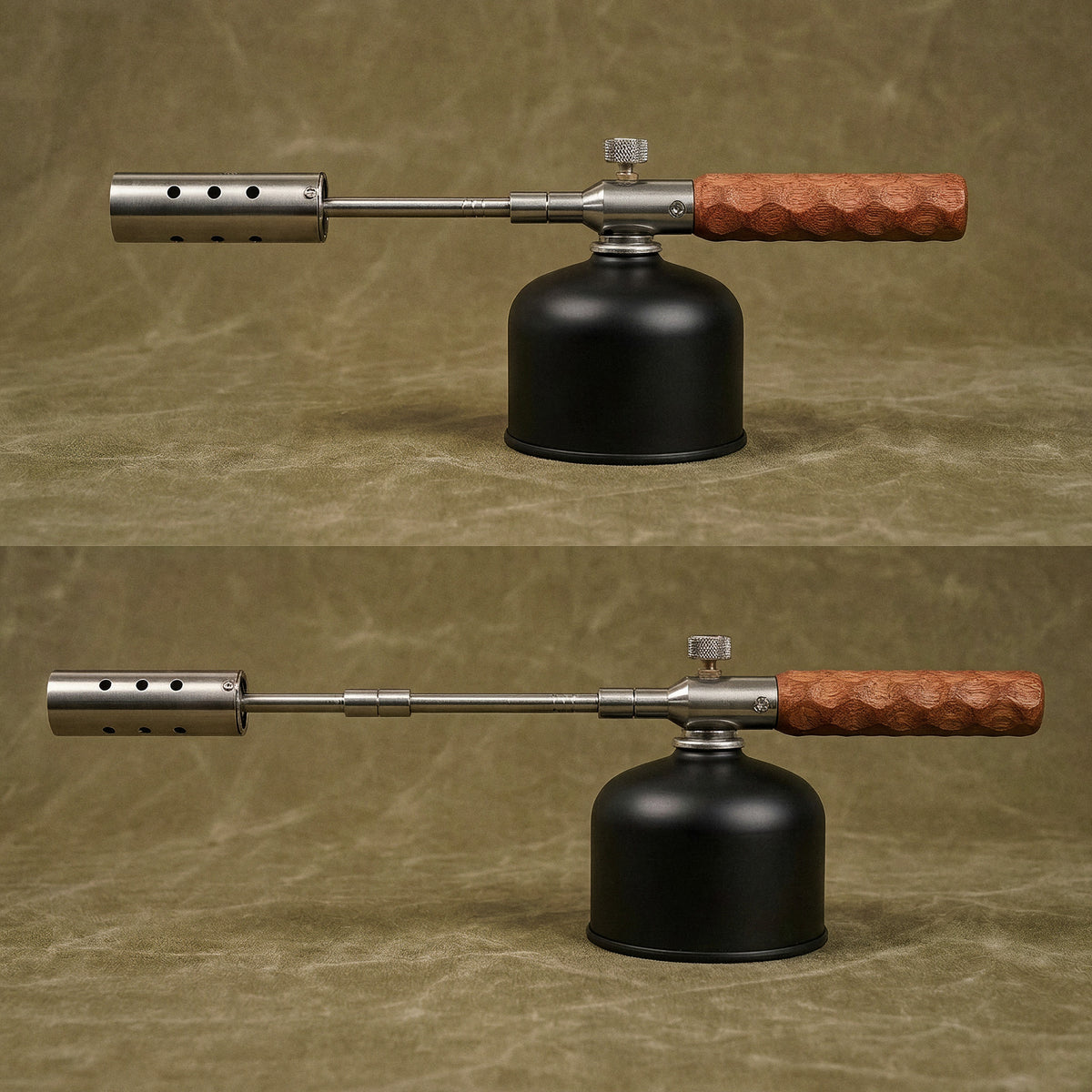 The torch at its two lengths, 38 cm and 58 cm, each screwed onto a squat gas canister on an olive canvas backdrop