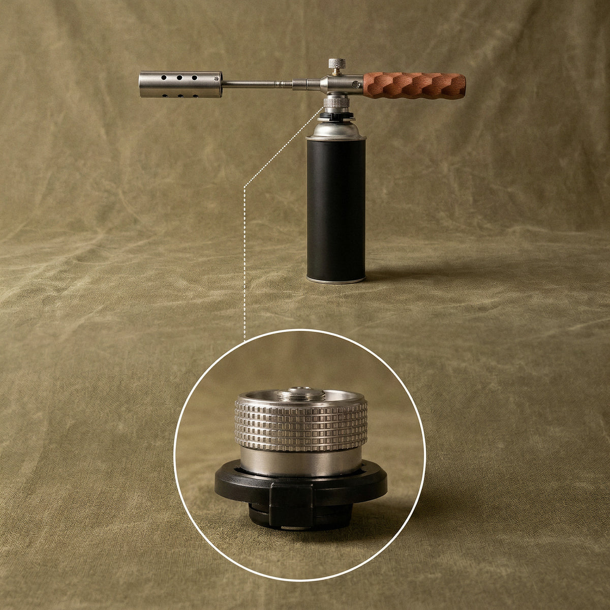 The torch fitted to a tall cassette gas can, with a close-up of the knurled steel adapter that joins them
