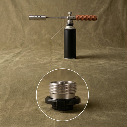 The torch fitted to a tall cassette gas can, with a close-up of the knurled steel adapter that joins them