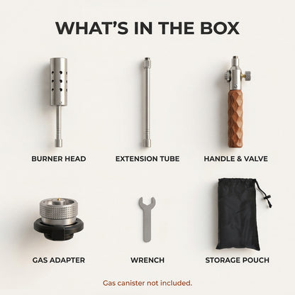 What's in the box: burner head, extension tube, handle and valve, gas adapter, spanner and storage pouch. Gas canister not included