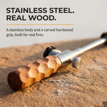 Close-up of the carved hardwood grip and stainless steel valve body, captioned "Stainless steel. Real wood."