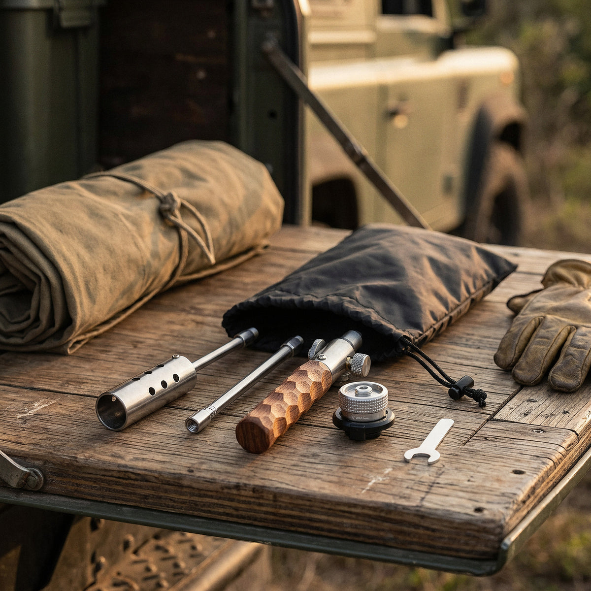 The torch taken apart on a tailgate beside its drawstring pouch, adapter and spanner, with a 4x4 behind