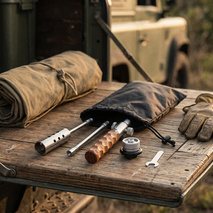 The torch taken apart on a tailgate beside its drawstring pouch, adapter and spanner, with a 4x4 behind
