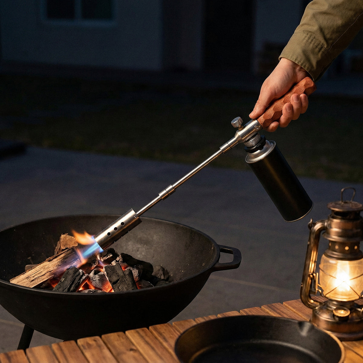 The Flame Lance lighting charcoal in a fire bowl at dusk, running from a tall cassette gas can