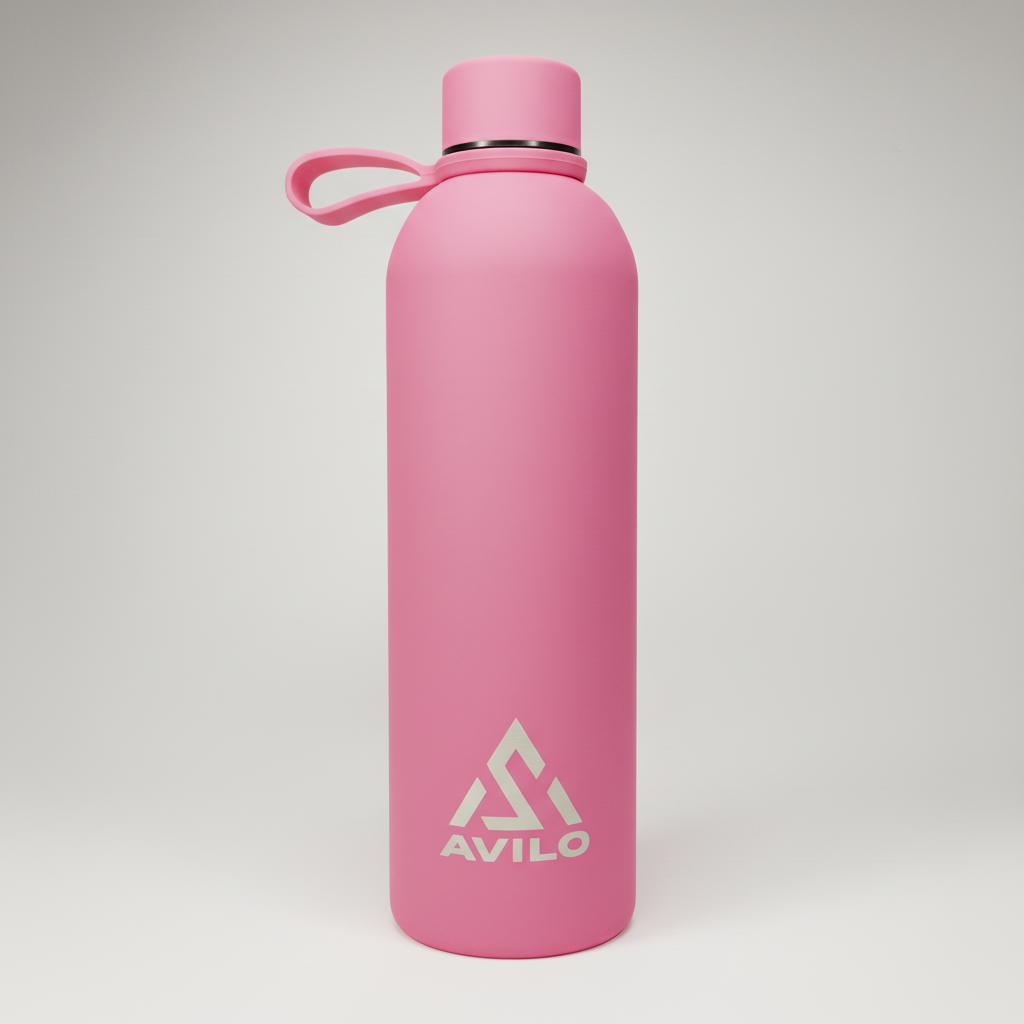 Pink water bottle with a handle on a light gray background