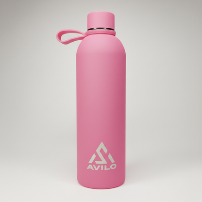 Pink water bottle with a handle on a light gray background