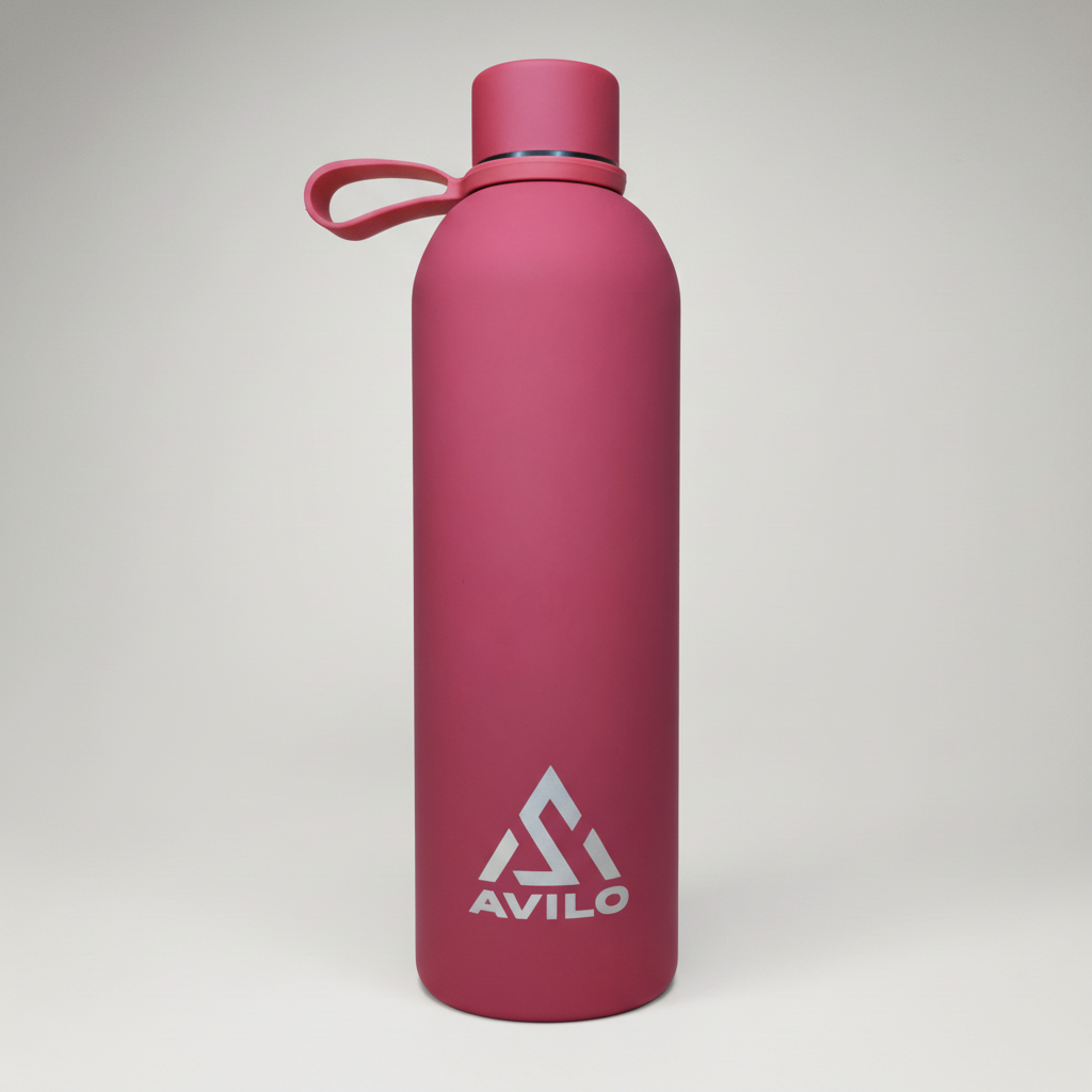 red water bottle with Avilo logo on a white background
