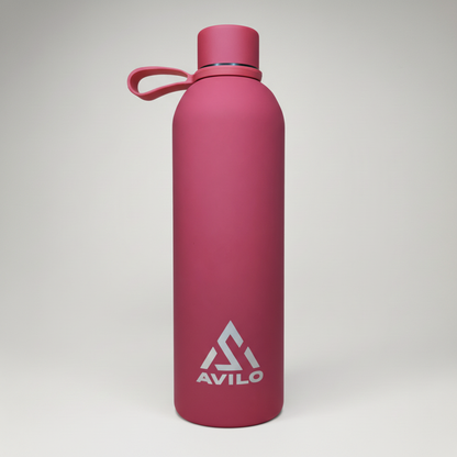 red water bottle with Avilo logo on a white background